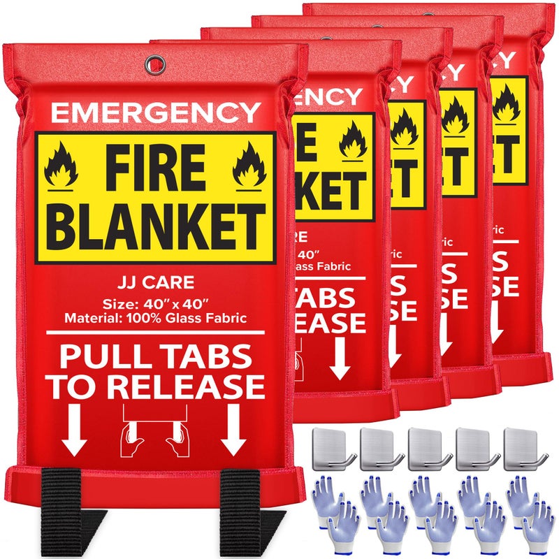 JJ CARE Fire Blanket â€“ 5 Packs with Hooks and Gloves â€“ Emergency Fire Blanket for Home & Kitchen, High Heat Resistant Fire Suppression Blankets for Home Safety, Kitchen, and Camping - Image 1